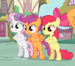 Size: 855x749 | Tagged: safe, screencap, apple bloom, scootaloo, sweetie belle, earth pony, pegasus, pony, unicorn, g4, one bad apple, bipedal, bow, cropped, cutie mark crusaders, female, filly, hair bow, offscreen character, open mouth, realization, rubbing hooves