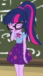 Size: 521x924 | Tagged: safe, screencap, sci-twi, twilight sparkle, equestria girls, g4, my little pony equestria girls: better together, schedule swap, canterlot high, chalkboard, classroom, clothes, cropped, facepalm, geode of telekinesis, glasses, legs together, magical geodes, ponytail, sci-twi skirt, skirt