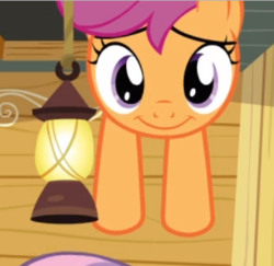 Size: 372x362 | Tagged: safe, screencap, scootaloo, sweetie belle, pegasus, pony, unicorn, g4, one bad apple, cropped, cute, cutealoo, female, filly, hanging, hanging upside down, lantern, looking at you, offscreen character, smiling, solo focus, upside down