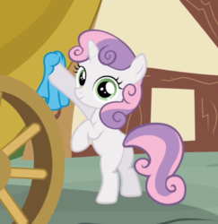 Size: 708x727 | Tagged: safe, screencap, sweetie belle, pony, unicorn, g4, one bad apple, bipedal, cropped, female, filly, holding, looking at you, looking back, rag, raised hoof, smiling, solo, washcloth, wiping