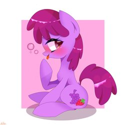 Size: 2048x2048 | Tagged: safe, artist:nanima, berry punch, berryshine, earth pony, pony, g4, berrybetes, blushing, dock, drunk, drunk bubbles, female, high res, mare, profile, sitting, solo, tongue out
