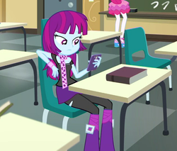 Size: 624x531 | Tagged: safe, screencap, mystery mint, pinkie pie, equestria girls, equestria girls series, g4, schedule swap, spoiler:eqg series (season 2), background human, book, boots, bored, canterlot high, cellphone, classroom, clothes, female, miniskirt, offscreen character, pantyhose, phone, sandals, scarf, shoes, skirt, smartphone