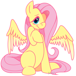 Size: 894x894 | Tagged: safe, artist:bunbundelabun, fluttershy, pegasus, pony, g4, colored eyelashes, cute, female, hair over one eye, looking at you, missing cutie mark, raised hoof, shyabetes, simple background, sitting, smiling, solo, spread wings, three quarter view, transparent background, wings