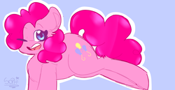 Size: 1280x658 | Tagged: safe, artist:furrytaleworld, pinkie pie, earth pony, pony, g4, blue background, chest fluff, cute, diapinkes, ear fluff, eyebrows, eyebrows visible through hair, female, heart, heart eyes, leg fluff, one eye closed, open mouth, simple background, solo, wingding eyes, wink