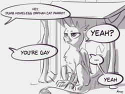 Size: 4828x3631 | Tagged: safe, artist:kam, part of a set, gallus, griffon, g4, ..., dialogue, gay, grayscale, griffonstone, lineart, male, monochrome, offscreen character, quadrupedal, signature, simple background, solo focus, speech bubble, white background