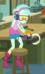 Size: 415x678 | Tagged: safe, screencap, lyra heartstrings, normal norman, equestria girls, equestria girls series, g4, schedule swap, spoiler:eqg series (season 2), boots, canterlot high, circular saw, clothes, cropped, earmuffs, female, gloves, goggles, hammer, industrial arts classroom, offscreen character, safety goggles, shoes, smiling