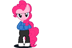 Size: 1182x800 | Tagged: safe, artist:mrvector, derpibooru exclusive, pinkie pie, earth pony, pony, g4, animated, bipedal, clothes, female, gaster blaster, gif, jacket, mare, sans pie, simple background, smiling, solo, this will end in a bad time, transparent background, undertale, vector
