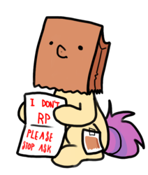 Size: 550x650 | Tagged: safe, artist:paperbagpony, derpibooru exclusive, oc, oc only, oc:paper bag, earth pony, pony, engrish, female, hoof hold, mare, paper bag, sign, simple background, sitting, solo, white background