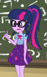 Size: 588x954 | Tagged: safe, screencap, sci-twi, twilight sparkle, equestria girls, g4, my little pony equestria girls: better together, schedule swap, canterlot high, chalkboard, clothes, cropped, fgsfds, geode of telekinesis, glasses, magical geodes, ponytail, skirt