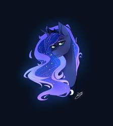 Size: 861x963 | Tagged: safe, artist:spiritual-moon-wolf, princess luna, pony, g4, blue background, bust, dark background, ethereal mane, female, frown, jewelry, looking at you, mare, regalia, simple background, solo, starry mane