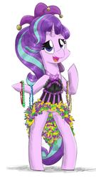 Size: 900x1665 | Tagged: safe, artist:flutterthrash, starlight glimmer, pony, unicorn, semi-anthro, g4, arm hooves, beads, bipedal, clothes, dress, female, hat, mardi gras, mare, simple background, smiling, solo