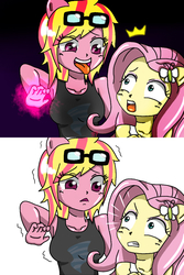 Size: 800x1200 | Tagged: safe, artist:discordloveevil, fluttershy, oc, oc:evil, equestria girls, g4, armpits, comic, shocked, stare, tongue out