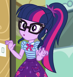 Size: 879x918 | Tagged: safe, screencap, sci-twi, twilight sparkle, equestria girls, equestria girls series, g4, schedule swap, spoiler:eqg series (season 2), canterlot high, chalkboard, clothes, cropped, cute, geode of telekinesis, glasses, magical geodes, ponytail, skirt, twiabetes