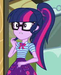 Size: 795x979 | Tagged: safe, screencap, sci-twi, twilight sparkle, equestria girls, equestria girls series, g4, schedule swap, spoiler:eqg series (season 2), canterlot high, chalkboard, clothes, cropped, geode of telekinesis, glasses, magical geodes, ponytail, skirt