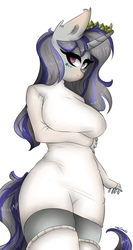 Size: 576x1080 | Tagged: safe, artist:cutejosuke, oc, oc only, oc:meadow blossom, unicorn, anthro, anthro oc, big breasts, breasts, clothes, ear fluff, female, horn, looking at you, signature, simple background, socks, solo, sweater, thigh highs, unicorn oc, white background, ych result