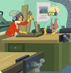 Size: 376x387 | Tagged: safe, screencap, normal norman, zephyr breeze, equestria girls, equestria girls series, g4, schedule swap, spoiler:eqg series (season 2), background human, clothes, cropped, gloves, goggles, hammer, male, safety goggles, zephyr's necklace
