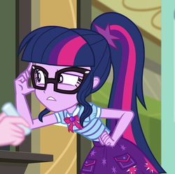 Size: 891x889 | Tagged: safe, screencap, pinkie pie, sci-twi, twilight sparkle, equestria girls, g4, my little pony equestria girls: better together, schedule swap, clothes, female, geode of telekinesis, glasses, magical geodes, offscreen character, ponytail, skirt