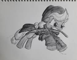 Size: 3132x2448 | Tagged: safe, artist:rockhoppr3, applejack, earth pony, pony, g4, bloodborne, crossover, female, high res, monochrome, mouth hold, solo, sword, traditional art, weapon