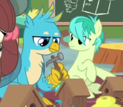 Size: 299x261 | Tagged: safe, screencap, gallus, sandbar, yona, griffon, pony, g4, interseason shorts, teacher of the month (episode), bird house, building, cropped, duo focus, hammer, looking, male