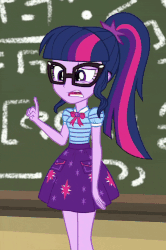 Size: 624x938 | Tagged: safe, screencap, pinkie pie, sci-twi, twilight sparkle, equestria girls, g4, my little pony equestria girls: better together, schedule swap, animated, canterlot high, chalkboard, classroom, cropped, female, fgsfds, geode of sugar bombs, geode of telekinesis, glasses, magical geodes, ponytail, written equestrian