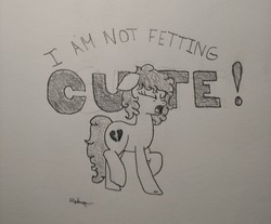 Size: 4008x3312 | Tagged: safe, artist:ponynamedmixtape, oc, oc:heartbreak, earth pony, pony, angry, blatant lies, cute, female, i'm not cute, madorable, pencil drawing, solo, text, traditional art