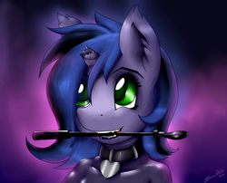 Size: 1335x1080 | Tagged: safe, artist:shamziwhite, oc, oc only, oc:kuro, bat pony, anthro, broken horn, bust, collar, female, horn, latex, latex suit, mouth hold, portrait, riding crop, smiling, solo