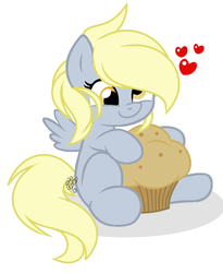 Size: 828x1012 | Tagged: safe, artist:angelamusic13, derpy hooves, pony, g4, cute, derpabetes, female, filly, filly derpy, food, heart, muffin, simple background, solo, that pony sure does love muffins, white background, younger