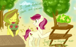 Size: 500x309 | Tagged: safe, artist:laceymod, roseluck, oc, oc:sunflower, earth pony, pony, ask lovelace, g4, female, flower, mare, tree