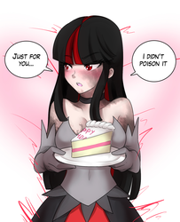 Size: 1400x1723 | Tagged: safe, artist:jonfawkes, oc, oc:ravelight, human, blushing, cake, embarrassed, evil counterpart, food, humanized, offering, shy