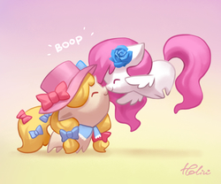 Size: 1378x1146 | Tagged: safe, artist:holivi, oc, oc:jumping candy, oc:rosey, pony, boop, bow, chibi, commission, flower, flower in hair, flying, hat, noseboop
