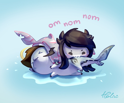 Size: 1378x1146 | Tagged: safe, artist:holivi, oc, original species, biting, chibi, cute, lying on top of someone, nom