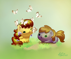 Size: 1378x1146 | Tagged: safe, artist:holivi, oc, butterfly, pony, chibi, commission, cute, grass