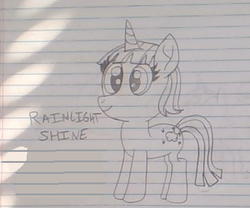 Size: 432x359 | Tagged: safe, artist:nightshadowmlp, oc, oc only, oc:rainlight shine, pony, unicorn, female, filly, lined paper, magical lesbian spawn, movie accurate, offspring, parent:rainbow dash, parent:twilight sparkle, parents:twidash, smiling, text, traditional art