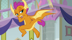 Size: 1920x1080 | Tagged: safe, screencap, smolder, dragon, a matter of principals, g4, claws, dragoness, fangs, female, horns, lidded eyes, looking back, looking down, out of context, smug, solo, spread wings, toes, underfoot, wings