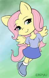 Size: 630x1000 | Tagged: safe, artist:empyu, fluttershy, anthro, plantigrade anthro, g4, chibi, clothes, cute, female, shirt, shoes, shyabetes, skirt, socks, solo