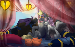 Size: 2700x1700 | Tagged: safe, artist:marinavermilion, oc, oc:neapolitan, oc:night striker, oc:obsidian shadow, hippogriff, pony, fanfic:clocktower society, love, married couple, nightpolitan, shaght