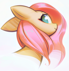 Size: 1404x1445 | Tagged: safe, artist:mirroredsea, fluttershy, pegasus, pony, g4, bust, female, looking at you, looking back, looking back at you, looking down, mare, portrait, smiling, solo
