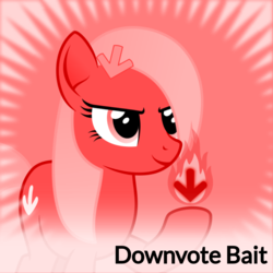 Size: 1024x1024 | Tagged: safe, artist:arifproject, edit, oc, oc only, oc:downvote, pony, derpibooru, >:), derpibooru ponified, downvote, downvote bait, downvote's downvotes, downvotes are upvotes, earth pony magic, female, fire, mare, meta, ponified, smiling, smirk, spoilered image joke