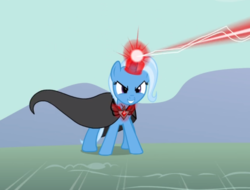 Size: 827x627 | Tagged: safe, screencap, trixie, pony, g4, magic duel, alicorn amulet, blast, cloak, clothes, cropped, evil smile, female, glowing horn, grin, horn, magic, magic blast, mare, smiling, solo