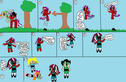 Size: 2520x1650 | Tagged: safe, artist:nightshadowmlp, oc, oc:crimson, oc:night shadow, pony, 1000 hours in ms paint, blossom (powerpuff girls), bottle, bubbles (powerpuff girls), buttercup (powerpuff girls), chemical x, clothes, cowboy hat, dialogue, dress, hat, pony to human, powerpuffified, request, requested art, sky, smiling, the powerpuff girls, transformation, transformation sequence, tree, tree branch