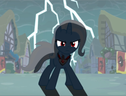 Size: 1220x939 | Tagged: safe, screencap, trixie, pony, g4, magic duel, alicorn amulet, cropped, epic, female, fighting stance, lightning, mare, solo, storm