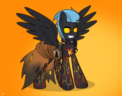 Size: 3234x2550 | Tagged: safe, artist:takaneko13, oc, oc only, oc:flare sora burn, pegasus, pony, chains, clothes, collar, costume, fire, fortnite, glowing eyes, high res, lava, padlock, solo, the prisoner (fortnite), wings