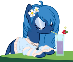 Size: 5432x4608 | Tagged: safe, artist:poppyglowest, oc, oc only, oc:lorelei snowflake, earth pony, pony, absurd resolution, clothes, drink, drinking, drinking straw, eyes closed, female, flower, flower in hair, jewelry, mare, necklace, simple background, solo, sweater, transparent background