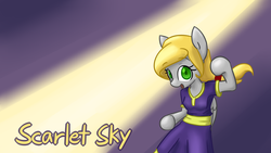 Size: 2732x1536 | Tagged: safe, artist:spheedc, oc, oc only, oc:scarlet sky, pegasus, semi-anthro, abstract background, arm hooves, bipedal, clothes, digital art, female, folded wings, mare, ponytail, solo, text