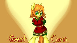 Size: 2732x1536 | Tagged: safe, artist:spheedc, oc, oc only, oc:sweet corn, earth pony, semi-anthro, abstract background, arm behind back, bipedal, clothes, digital art, female, mare, solo, text