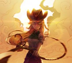 Size: 3008x2622 | Tagged: dead source, safe, artist:信长大人家臣, applejack, human, equestria girls, g4, applejack's hat, badass, belt, clothes, cowboy hat, denim skirt, dust, female, hair over one eye, hat, high res, humanized, lasso, lens flare, looking at you, pixiv, rolled up sleeves, rope, shirt, skirt, smoke, solo, stetson