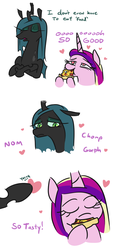 Size: 540x1200 | Tagged: safe, artist:jargon scott, princess cadance, queen chrysalis, alicorn, changeling, changeling queen, pony, g4, bait and switch, changeling feeding, comic, crossed arms, crossed hooves, dialogue, duo, eyes closed, female, food, gorph, heart, heart eyes, hoof hold, mare, meat, mushroom, onomatopoeia, peetzer, pepperoni, pepperoni pizza, pizza, ponies eating meat, simple background, teasing, that pony sure does love pizza, white background, wingding eyes, yoink