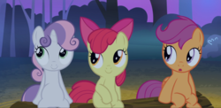 Size: 1450x709 | Tagged: safe, screencap, apple bloom, scootaloo, sweetie belle, earth pony, pegasus, pony, unicorn, g4, sleepless in ponyville, :o, belly, bow, cropped, cute, cutie mark crusaders, female, filly, hair bow, looking up, open mouth, sitting, smiling