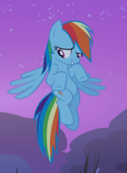 Size: 473x647 | Tagged: safe, screencap, rainbow dash, pegasus, pony, g4, sleepless in ponyville, cropped, embarrassed, female, flying, grin, looking down, mare, night, smiling, solo, spread wings, stars, wings
