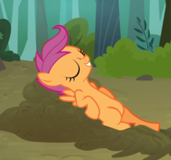 Size: 655x610 | Tagged: safe, screencap, scootaloo, pegasus, pony, g4, sleepless in ponyville, belly, cropped, dirt, eyes closed, female, filly, leaning back, lying down, smiling, solo